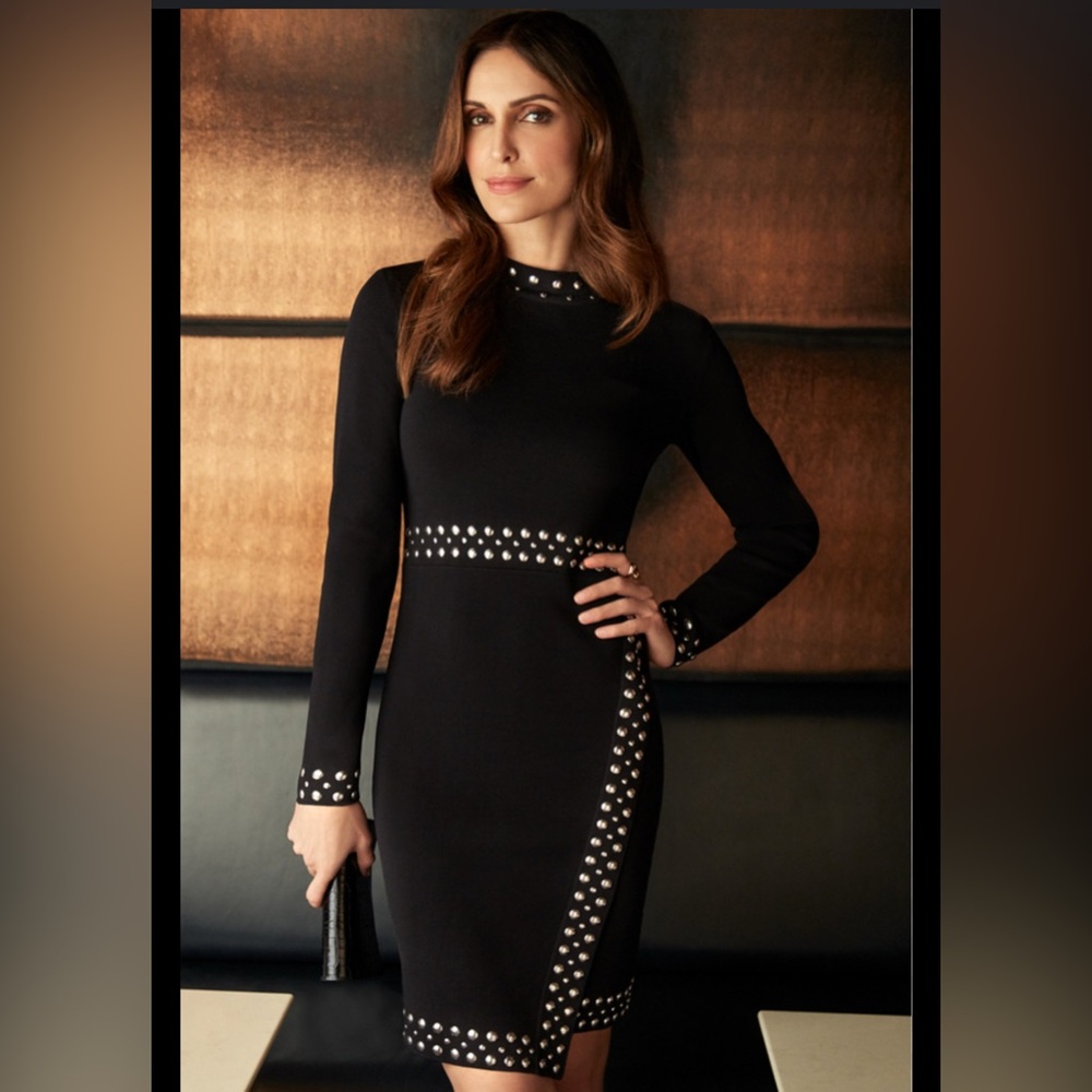 Black Stud-Trim Long Sleeve Sheath Dress